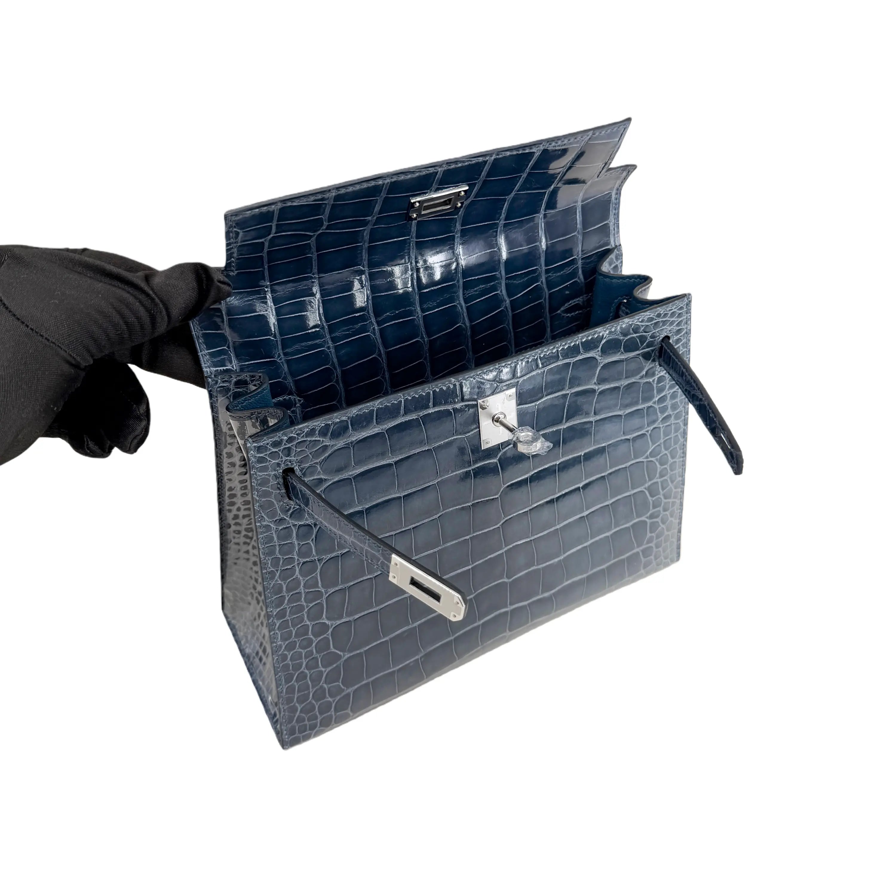 K25 Midnight Blue Lisse Alligator Handbag with Palladium Hardware