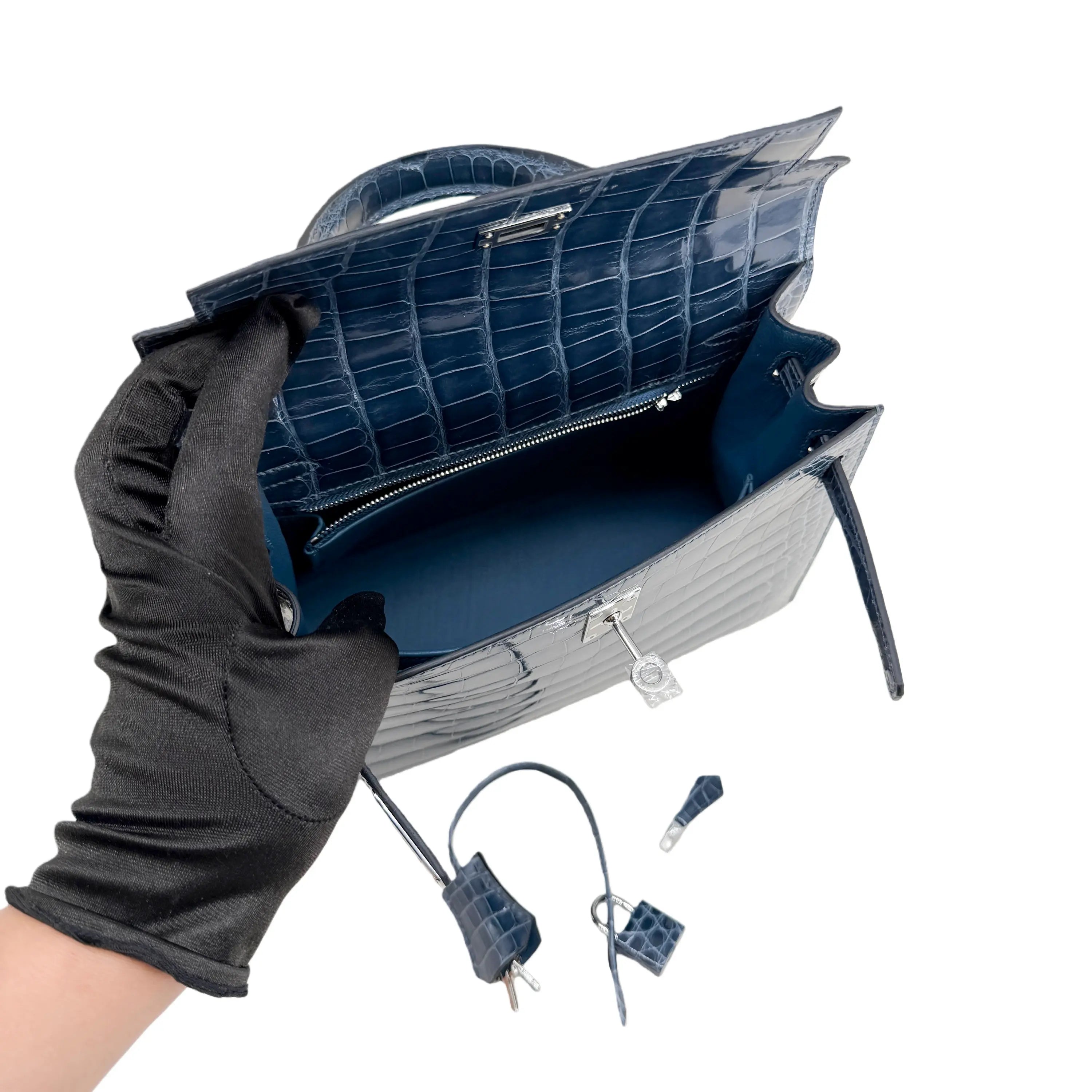 K25 Midnight Blue Lisse Alligator Handbag with Palladium Hardware