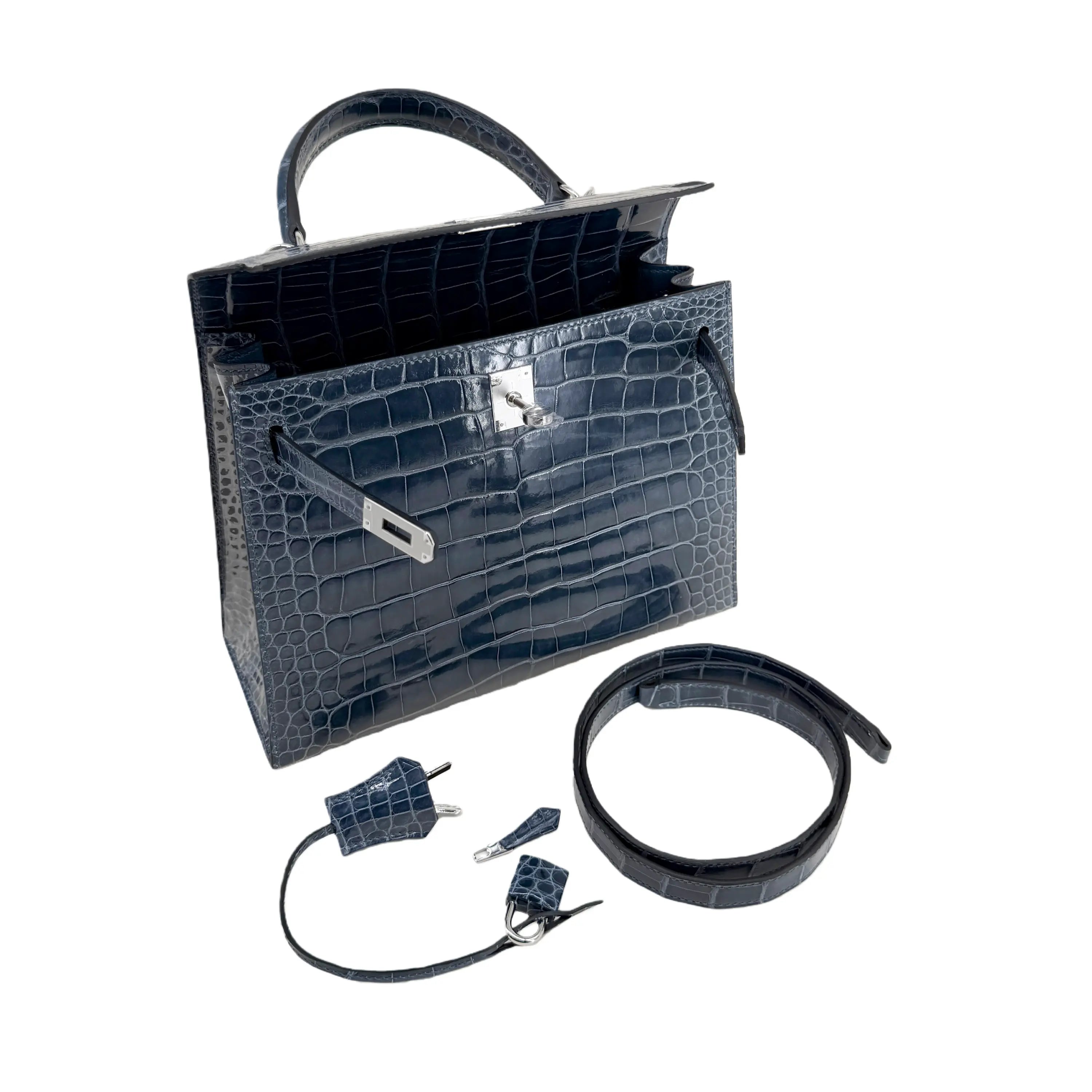 K25 Midnight Blue Lisse Alligator Handbag with Palladium Hardware