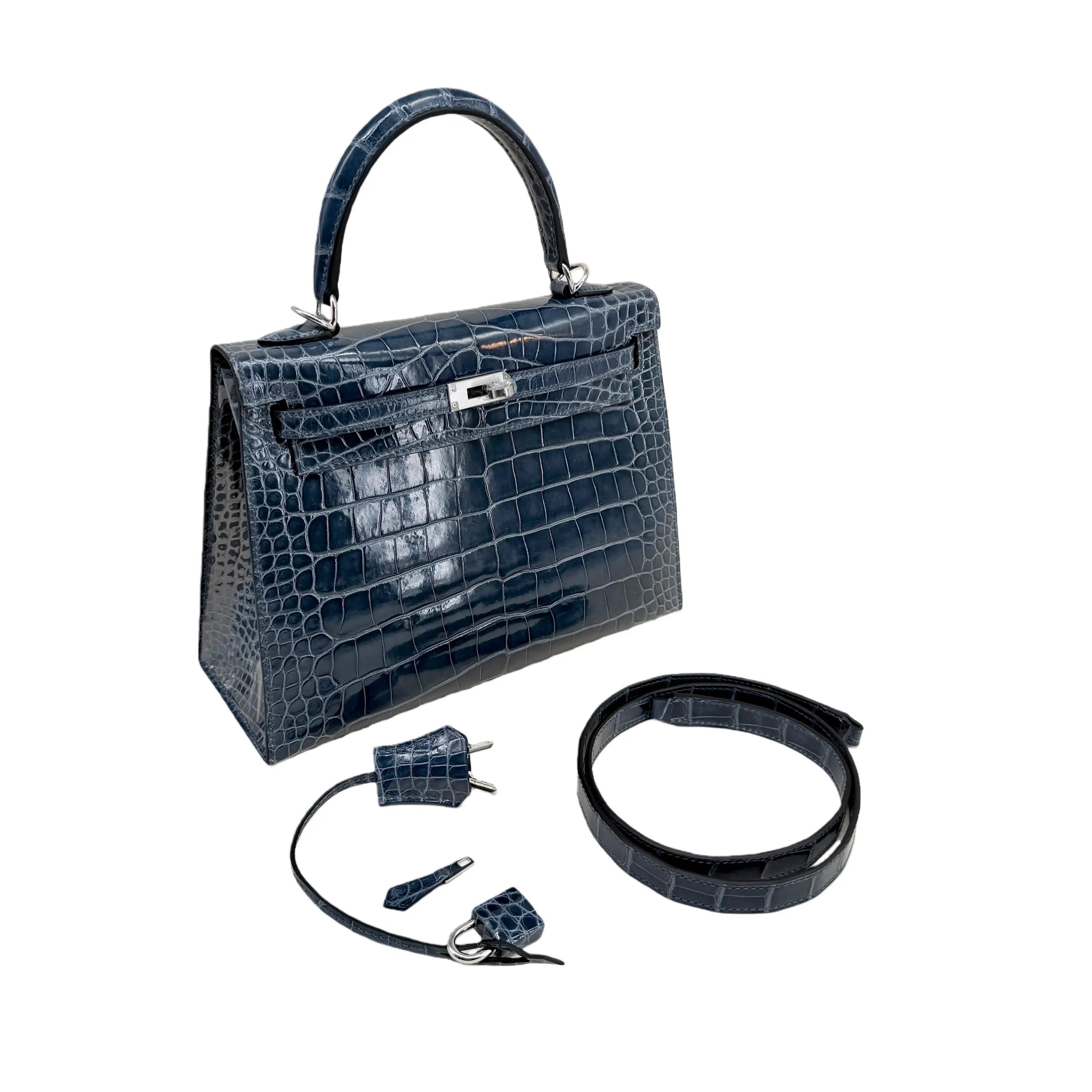 K25 Midnight Blue Lisse Alligator Handbag with Palladium Hardware