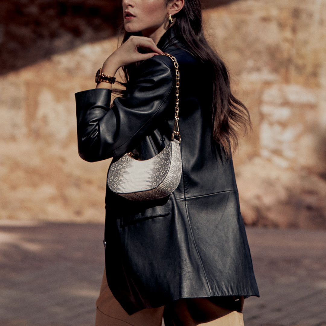 Beige chain handbag, Lizard, Himalaya, Gold. SMALL MIA