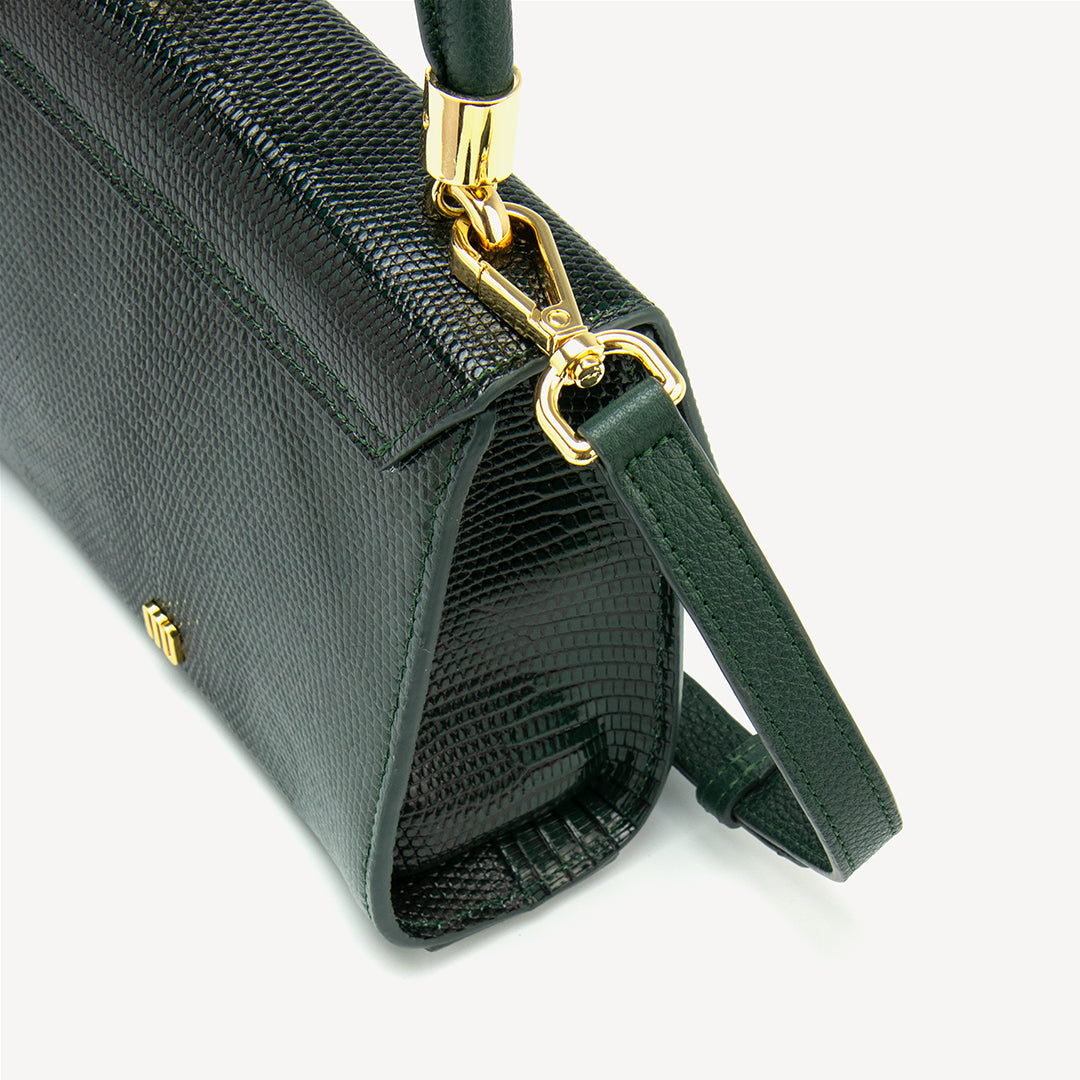 Dark green purse mini bag, Lizard, Glazed, Gold. MINI MICHELLE
