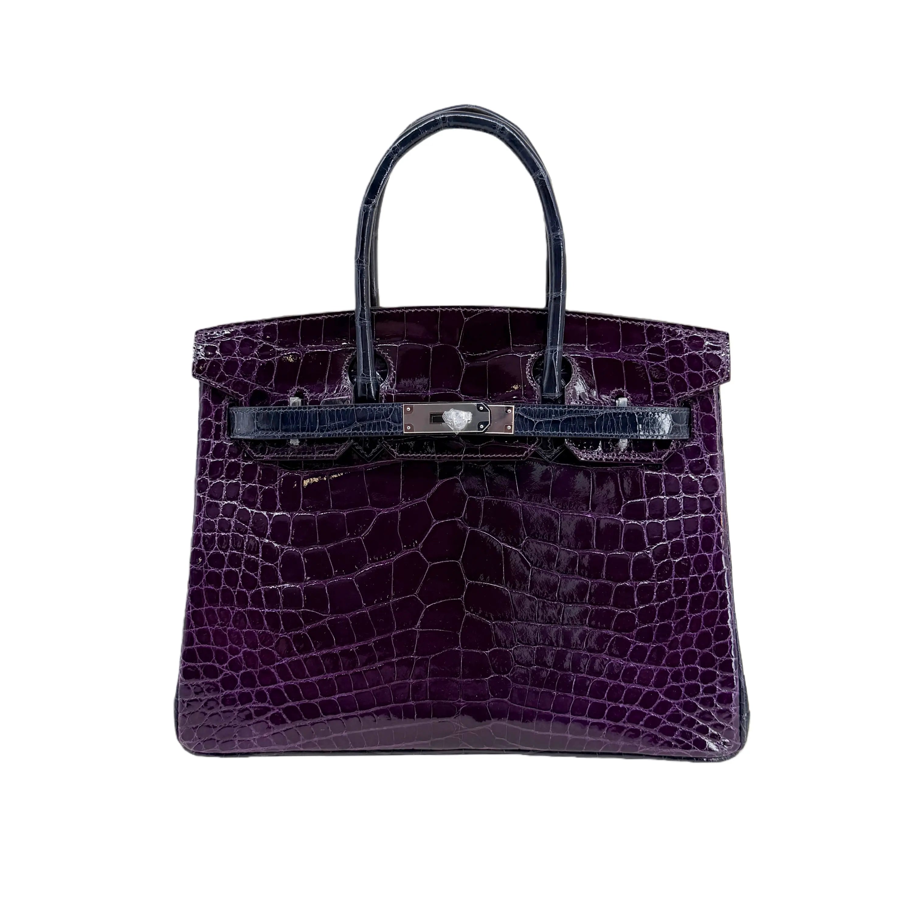 BK 25 Lisse Alligator Handbag Prune / Bleu Saphir