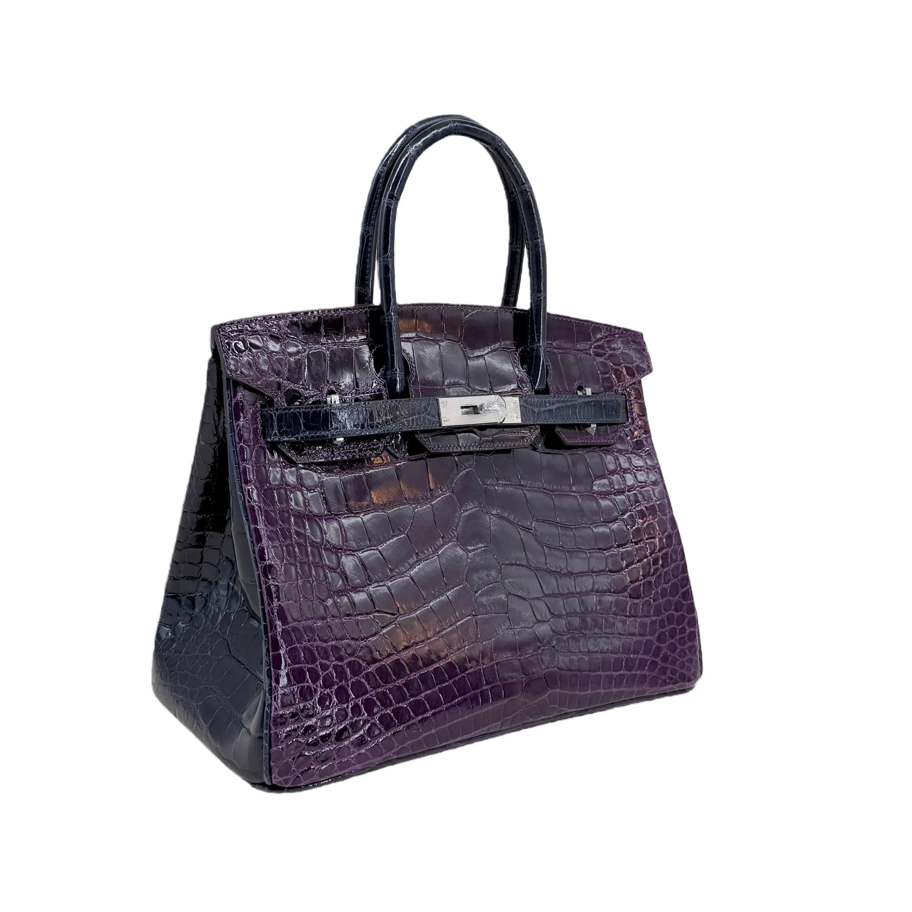 BK 25 Lisse Alligator Handbag Prune / Bleu Saphir