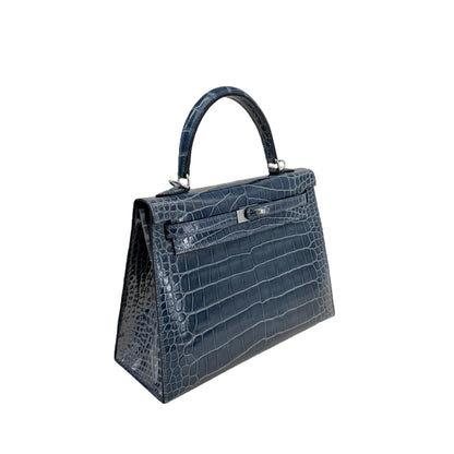 K25 Midnight Blue Lisse Alligator Handbag with Palladium Hardware