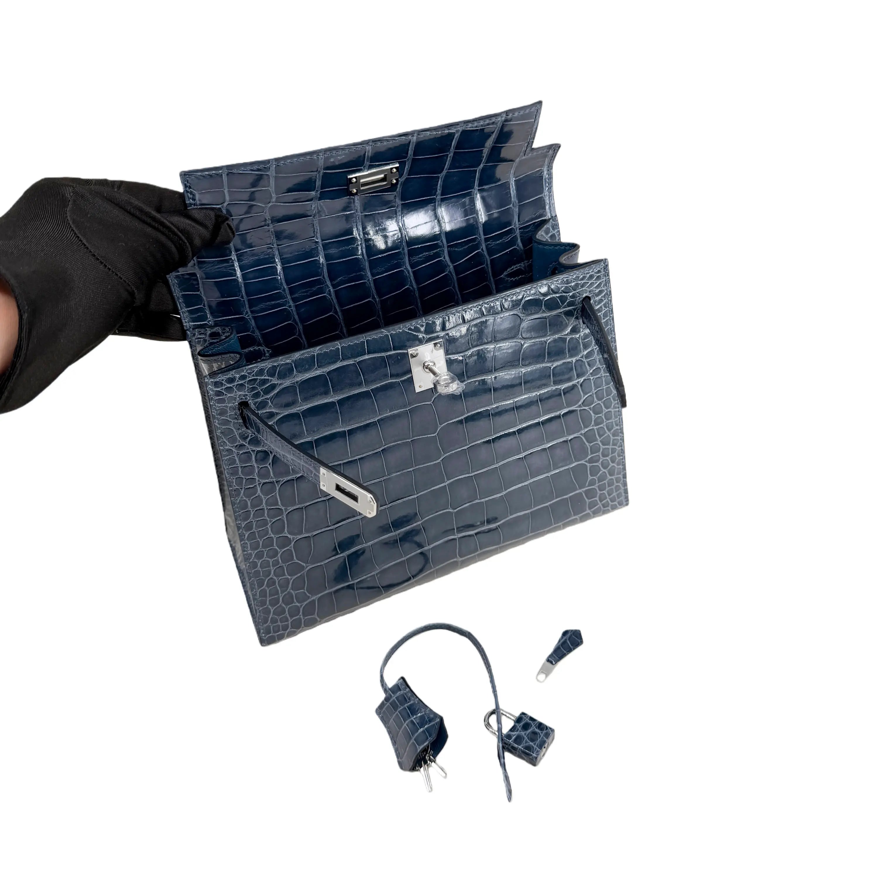 K25 Midnight Blue Lisse Alligator Handbag with Palladium Hardware