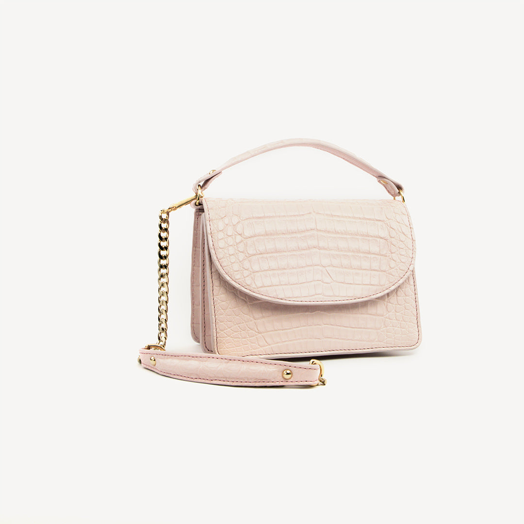Pink top handle bag, Crocodile leather. Valencia